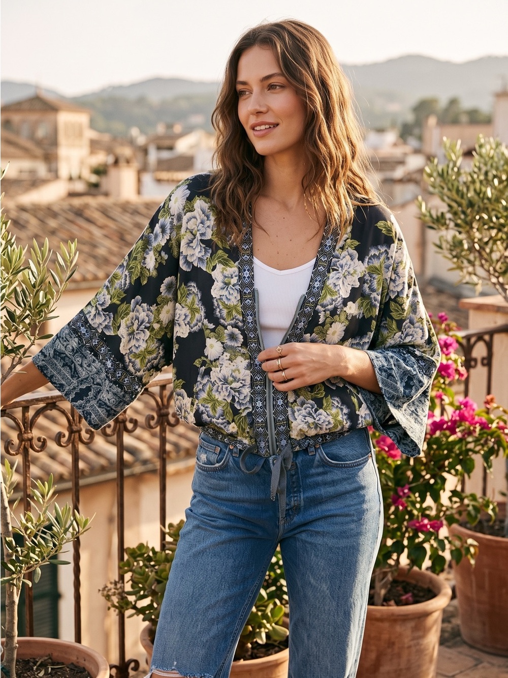 Free People Sleek Floral Kimono Top Jacket Navy Blue Olive Cream Medium Large